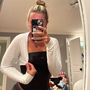 White Ribbed Cropped Cardigan